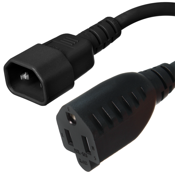 3 Foot C14 to 5-15R Power Cord Rated 10A, 125V, 18/3 SJT Wire