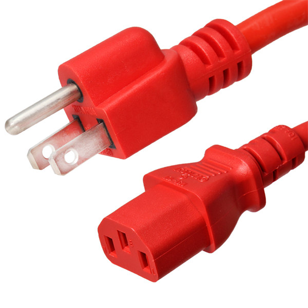 5-15P to C13 Power Cord, Red, 15A, 125V - 3 Foot Length