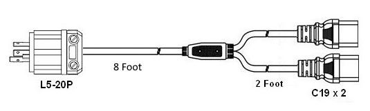 splitter power cord l5 20p to two way c19 legs, 12/3, 20a, 125v