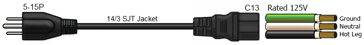 5-15p to c13 1 foot 15 amp power cable