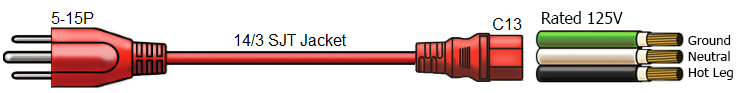 red 5-15p to c13 2 foot 15 amp power cable 