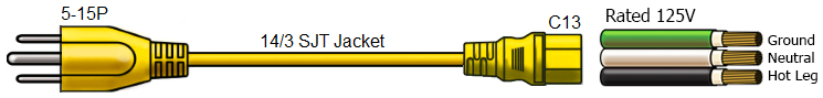 yellow 5-15p to c13 1 foot 15 amp power cable